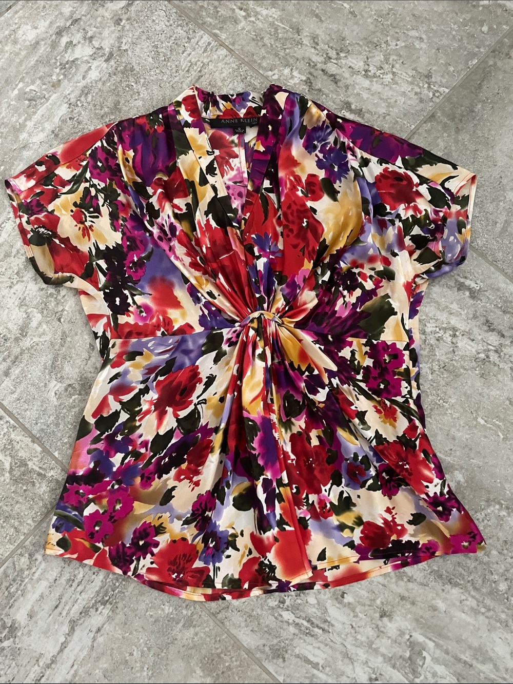 Anne Klein Vibrant Floral Twist-Front Silk Blouse - Purple/Red/Yellow